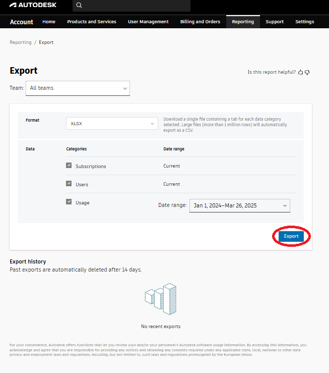 Autodesk Account: Export til download af rapporten
