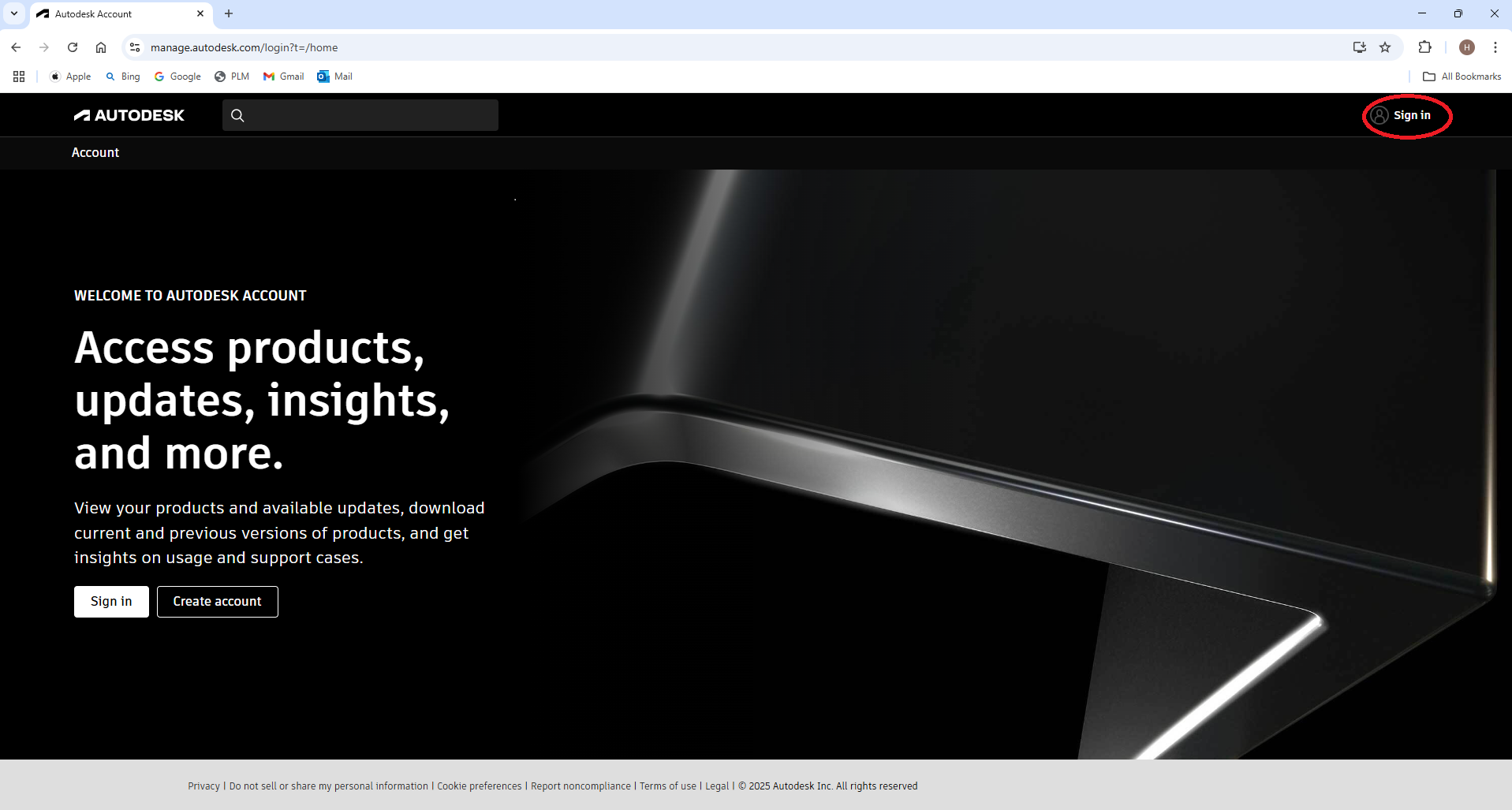 Log-ind-siden til Autodesk Account med Sign in